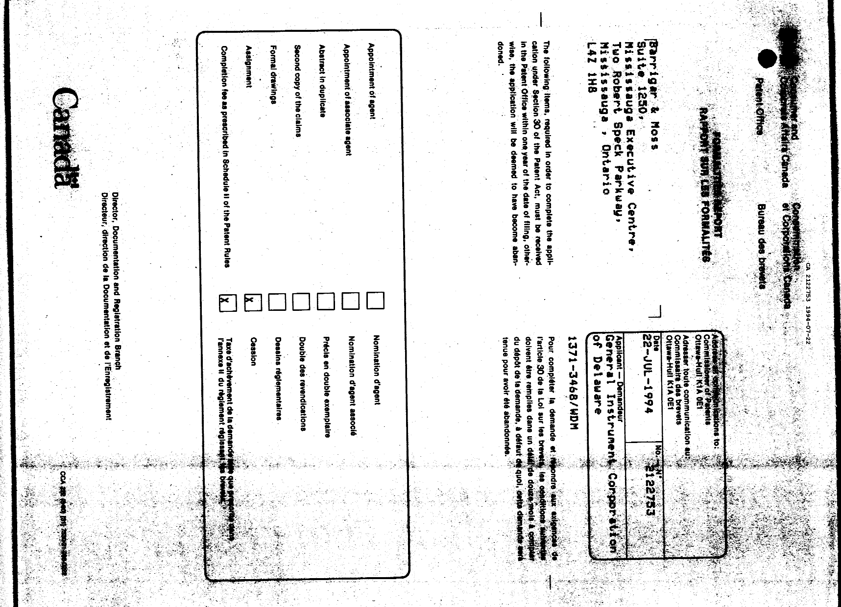 Document de brevet canadien 2122753. Lettre du bureau 19940722. Image 1 de 1