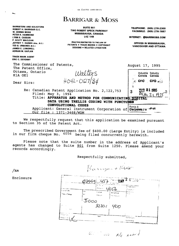 Canadian Patent Document 2122753. Prosecution Correspondence 19950821. Image 1 of 1