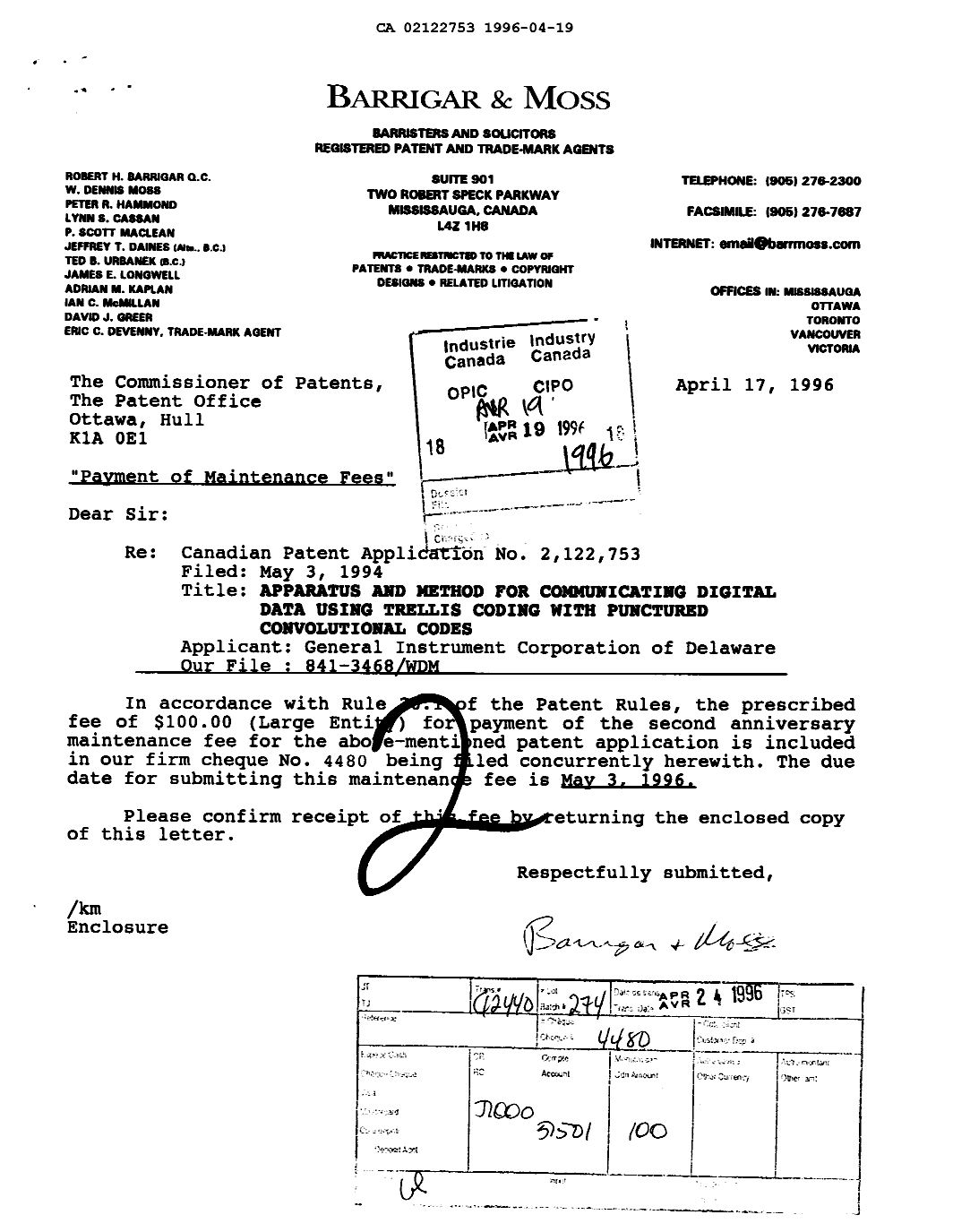 Canadian Patent Document 2122753. Fees 19960419. Image 1 of 1