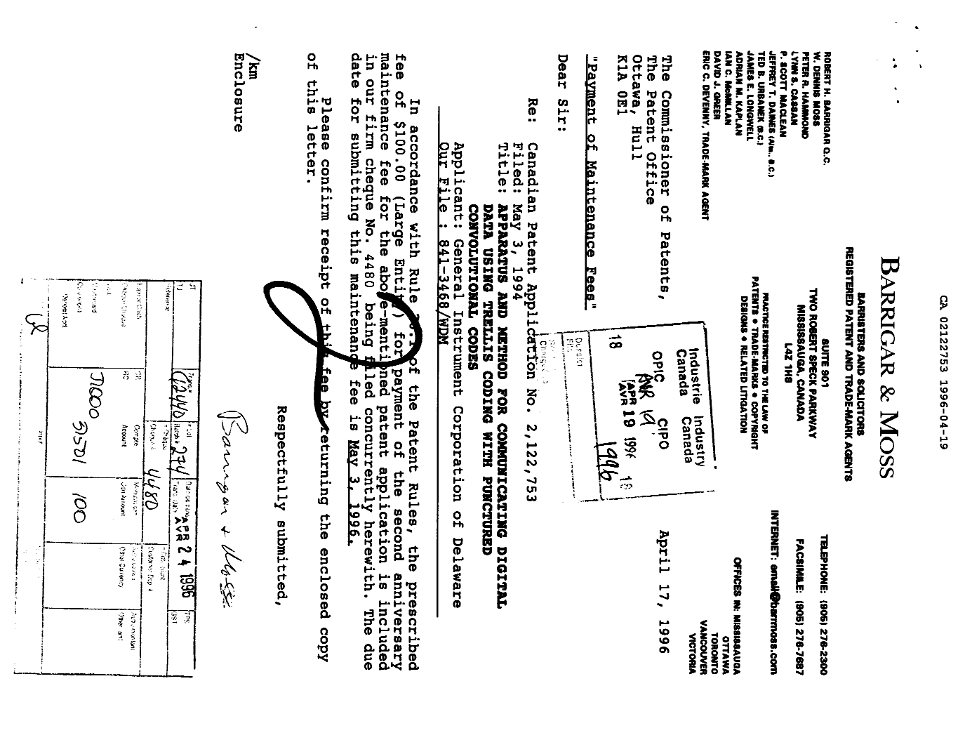 Document de brevet canadien 2122753. Taxes 19960419. Image 1 de 1