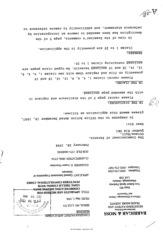 Document de brevet canadien 2122753. Correspondance de la poursuite 19980228. Image 1 de 2