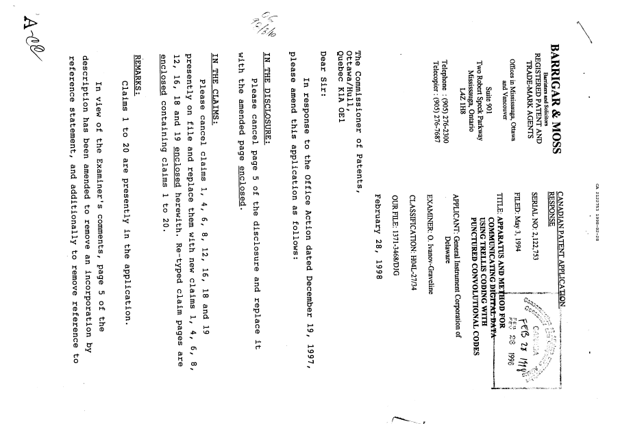 Canadian Patent Document 2122753. Prosecution Correspondence 19980228. Image 1 of 2