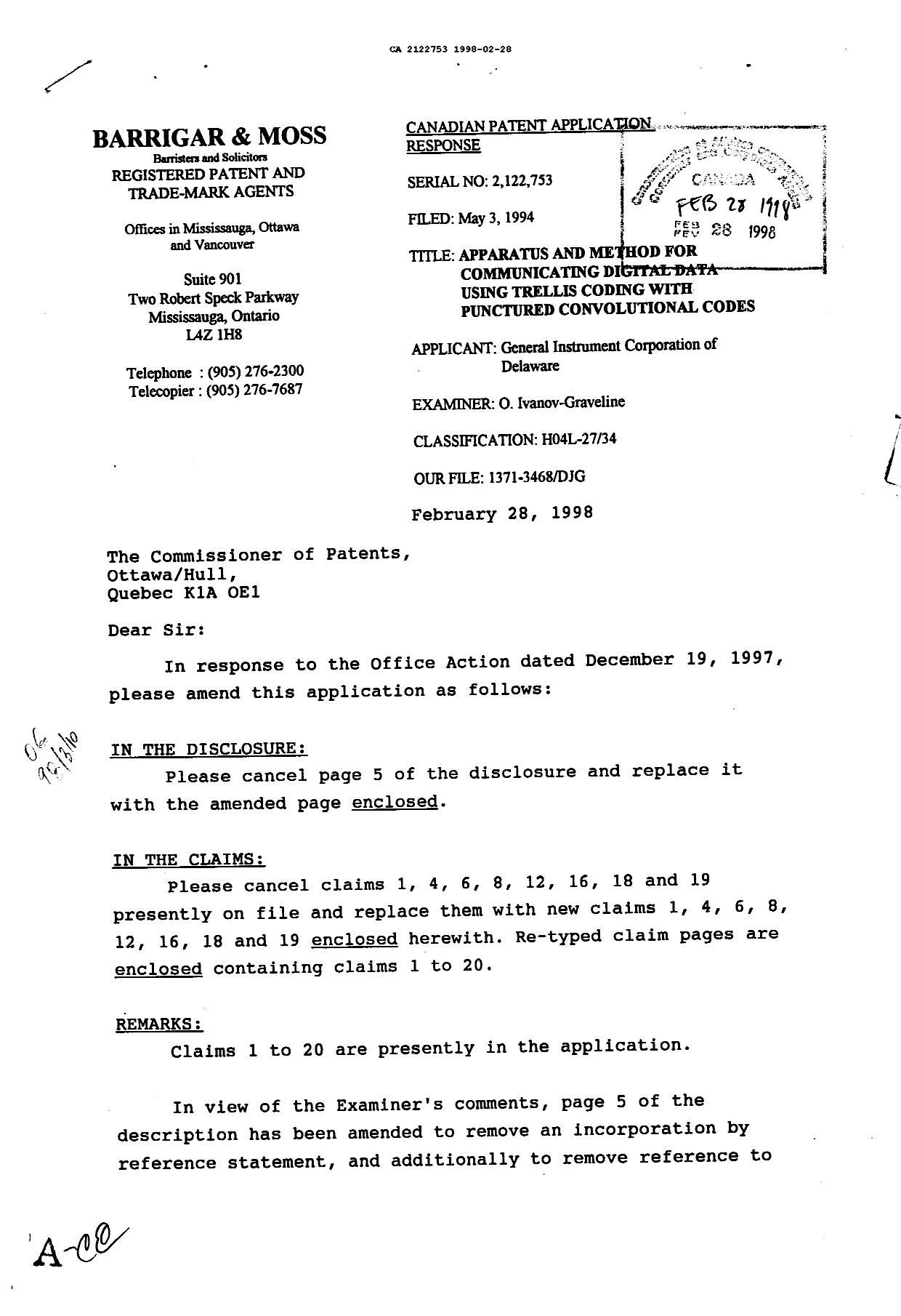 Canadian Patent Document 2122753. Prosecution Correspondence 19980228. Image 1 of 2