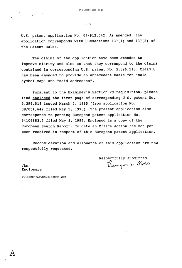 Document de brevet canadien 2122753. Correspondance de la poursuite 19980228. Image 2 de 2