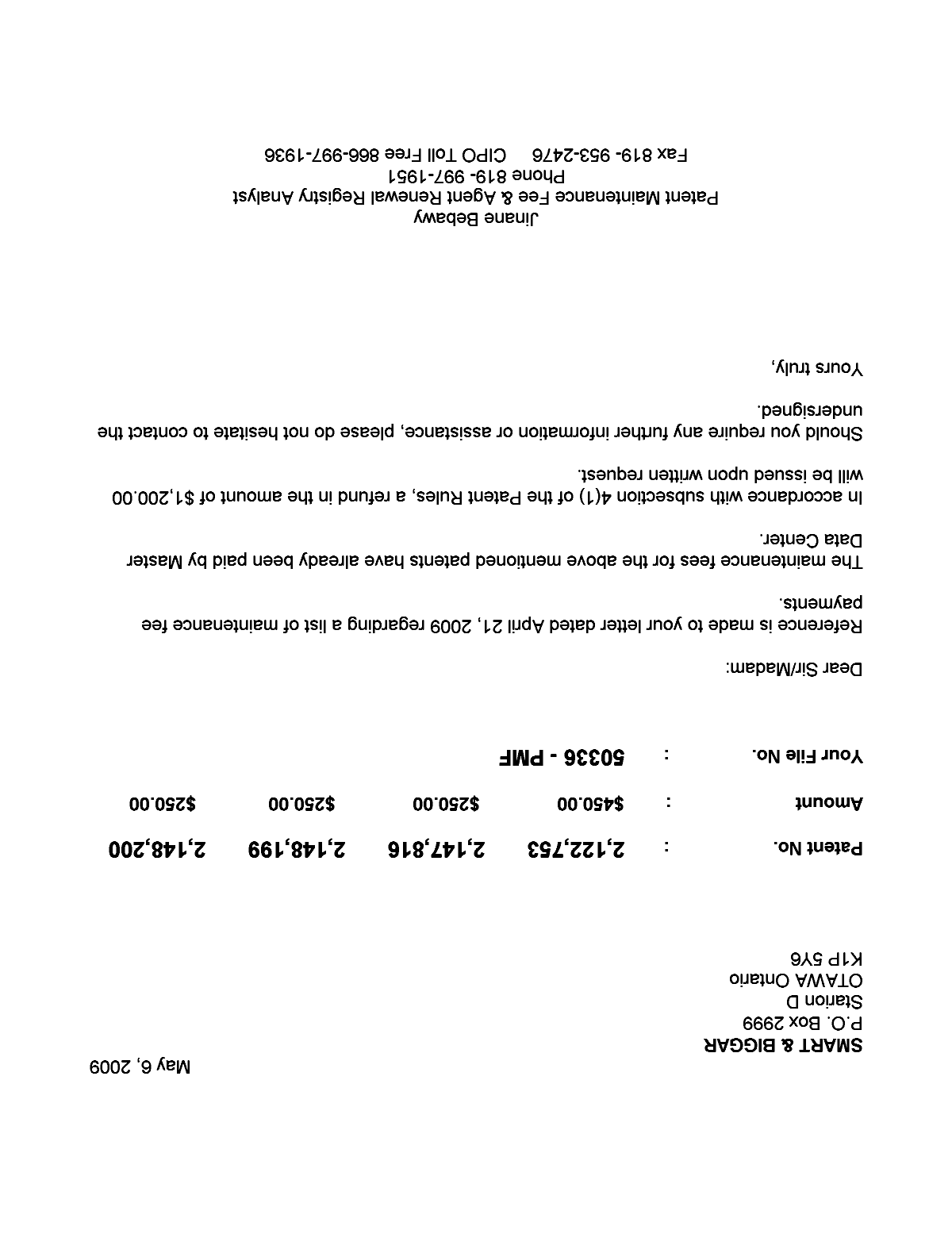 Document de brevet canadien 2122753. Correspondance 20081206. Image 1 de 1