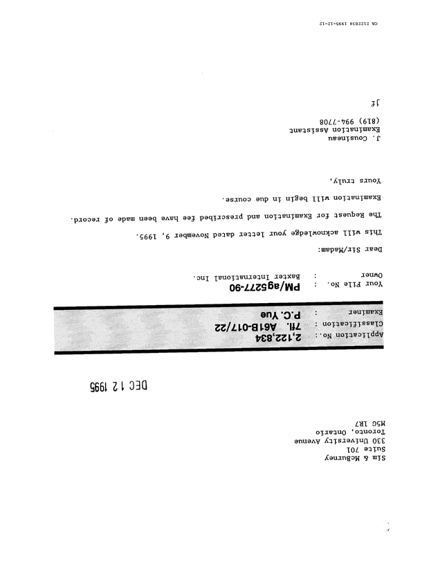 Document de brevet canadien 2122834. Lettre du bureau 19951212. Image 1 de 1