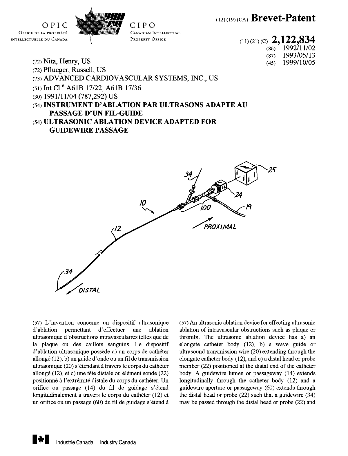 Canadian Patent Document 2122834. Cover Page 19990927. Image 1 of 2