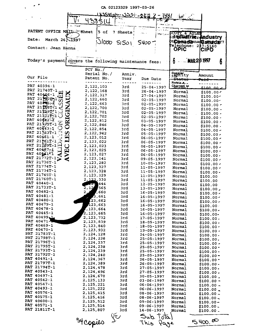 Document de brevet canadien 2123329. Taxes 19970326. Image 1 de 1