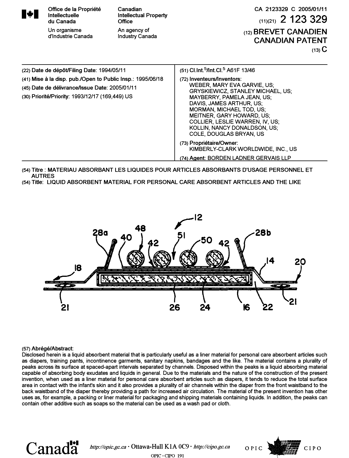 Canadian Patent Document 2123329. Cover Page 20041207. Image 1 of 1