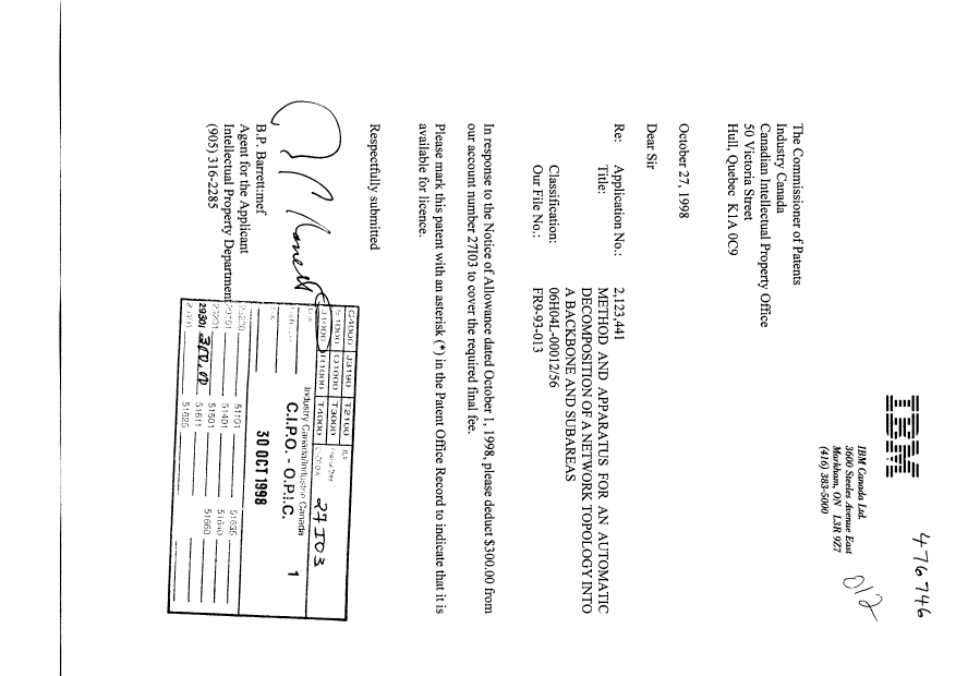 Document de brevet canadien 2123441. Correspondance 19981030. Image 1 de 1