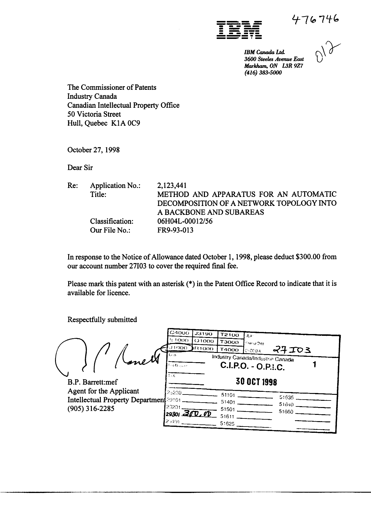 Canadian Patent Document 2123441. Correspondence 19981030. Image 1 of 1