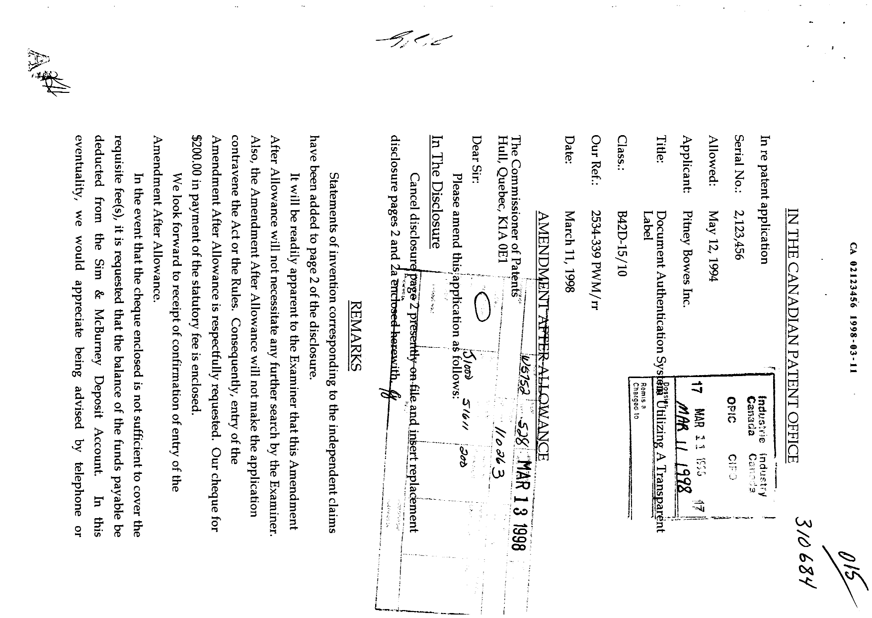 Canadian Patent Document 2123456. Prosecution-Amendment 19980311. Image 1 of 4