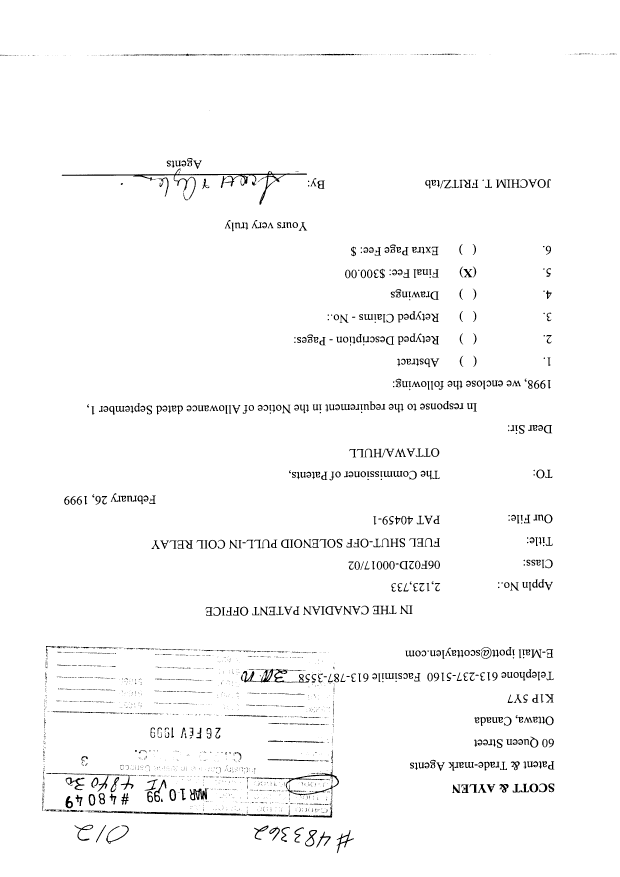 Canadian Patent Document 2123733. Correspondence 19990226. Image 1 of 1