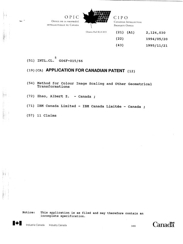 Canadian Patent Document 2124030. Cover Page 19960111. Image 1 of 1