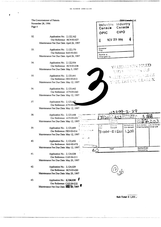 Document de brevet canadien 2124030. Paiement de taxe périodique 19961129. Image 1 de 1