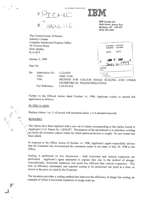 Document de brevet canadien 2124030. Correspondance de la poursuite 19990106. Image 1 de 2