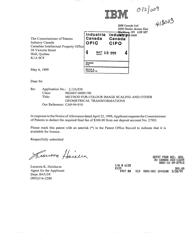 Document de brevet canadien 2124030. Correspondance 19990512. Image 1 de 1