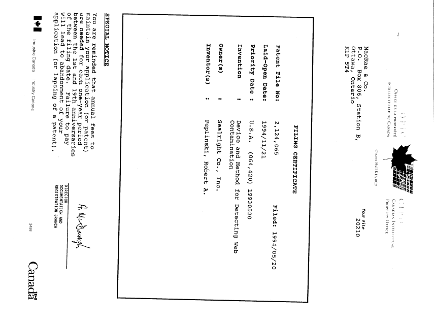Canadian Patent Document 2124065. Assignment 19940520. Image 9 of 9