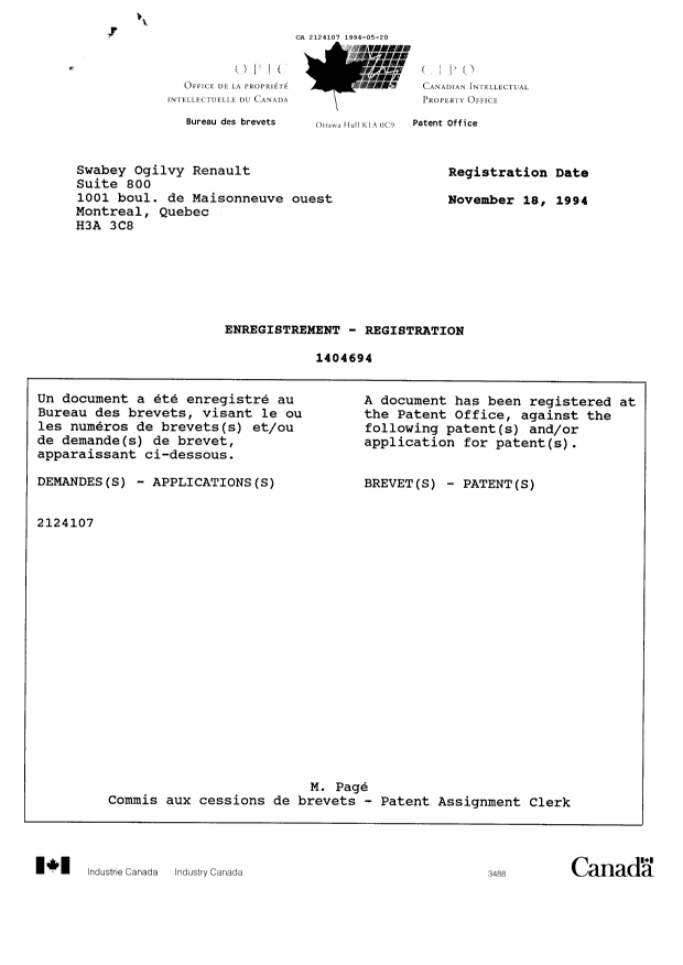 Document de brevet canadien 2124107. Correspondance de la poursuite 19940520. Image 12 de 12