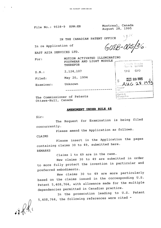Canadian Patent Document 2124107. Prosecution Correspondence 19950828. Image 1 of 2
