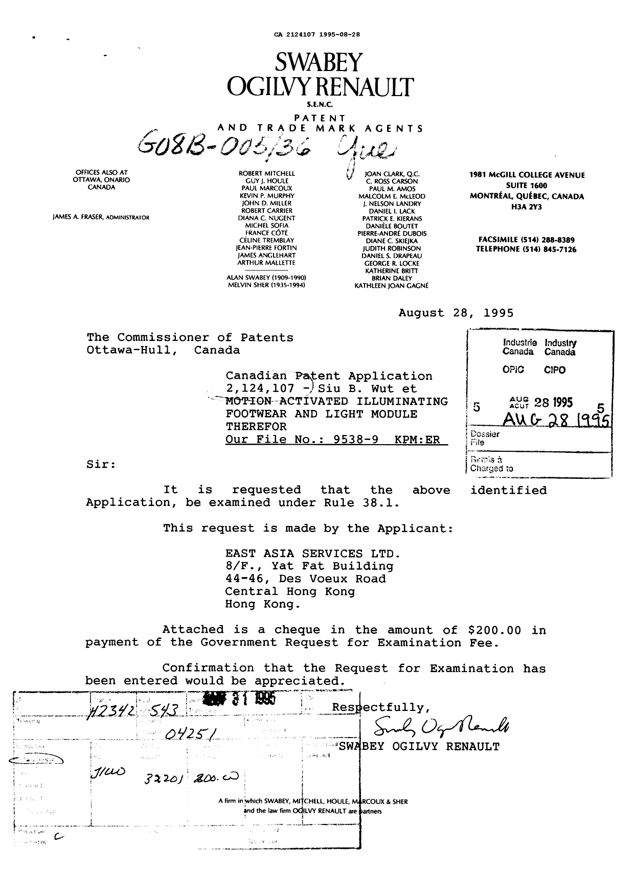 Document de brevet canadien 2124107. Correspondance de la poursuite 19950828. Image 1 de 1