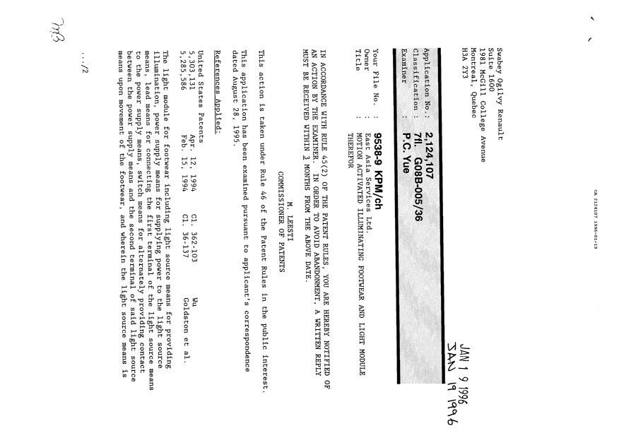 Document de brevet canadien 2124107. Demande d'examen 19960119. Image 1 de 2
