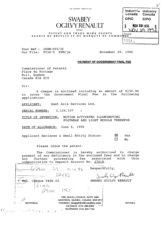 Canadian Patent Document 2124107. Correspondence Related to Formalities 19961129. Image 1 of 1