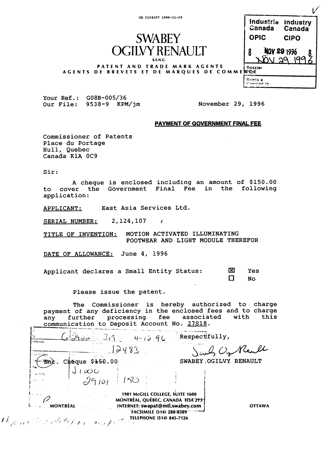 Document de brevet canadien 2124107. Correspondance reliée aux formalités 19961129. Image 1 de 1