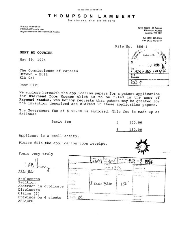 Canadian Patent Document 2124222. Prosecution Correspondence 19940520. Image 1 of 9