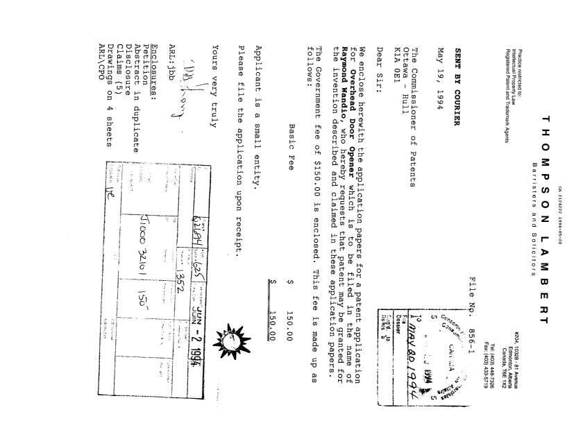Document de brevet canadien 2124222. Correspondance de la poursuite 19940520. Image 1 de 9