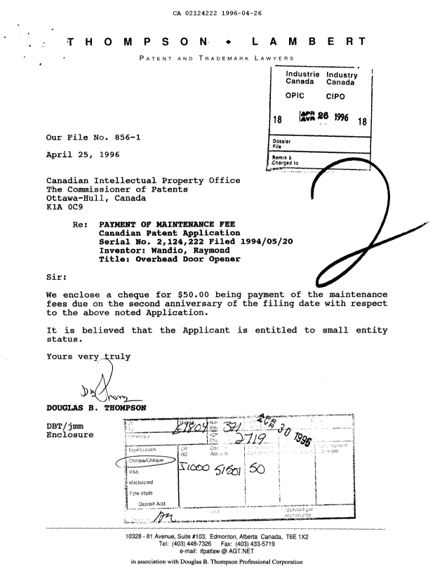 Canadian Patent Document 2124222. Fees 19960426. Image 1 of 1