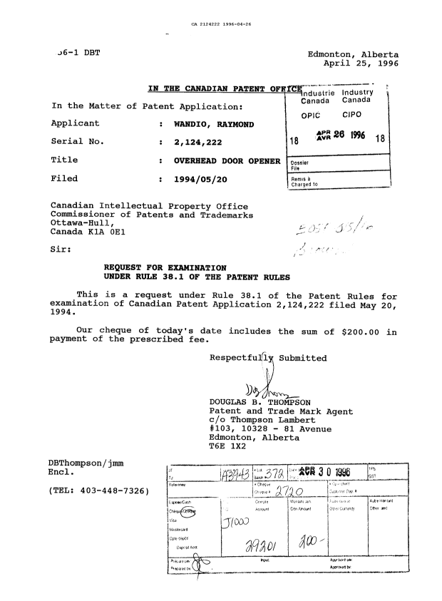 Canadian Patent Document 2124222. Prosecution Correspondence 19960426. Image 1 of 1