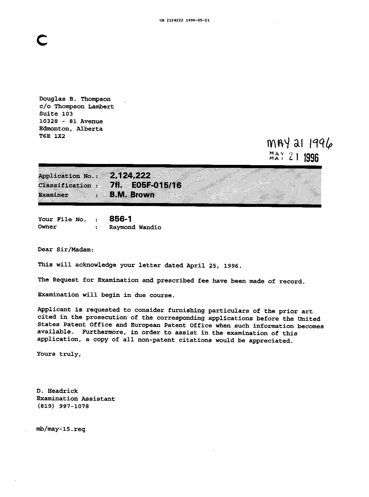 Document de brevet canadien 2124222. Lettre du bureau 19960521. Image 1 de 1