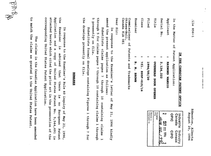 Document de brevet canadien 2124222. Correspondance de la poursuite 19960822. Image 1 de 2