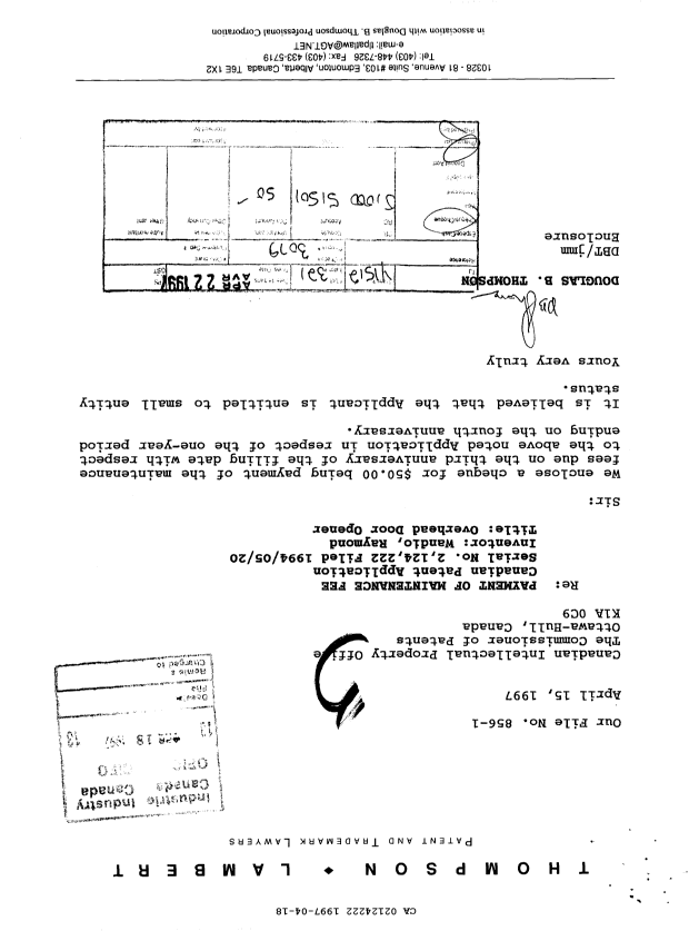 Canadian Patent Document 2124222. Fees 19970418. Image 1 of 1