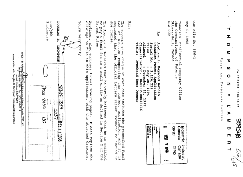 Document de brevet canadien 2124222. Correspondance 19980507. Image 1 de 1