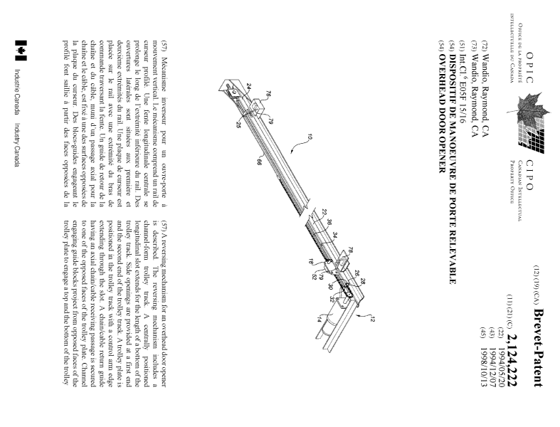 Document de brevet canadien 2124222. Page couverture 19981009. Image 1 de 2