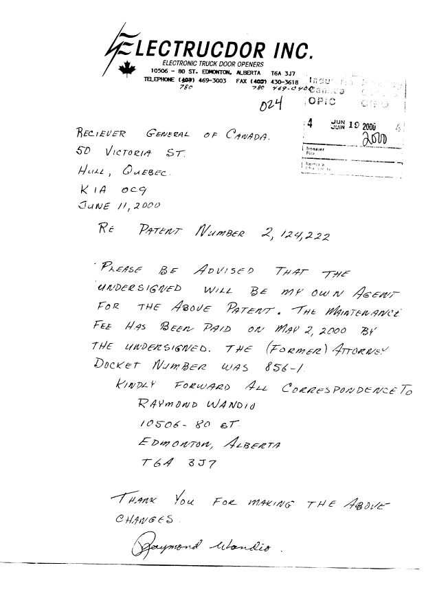 Canadian Patent Document 2124222. Correspondence 20000619. Image 1 of 1