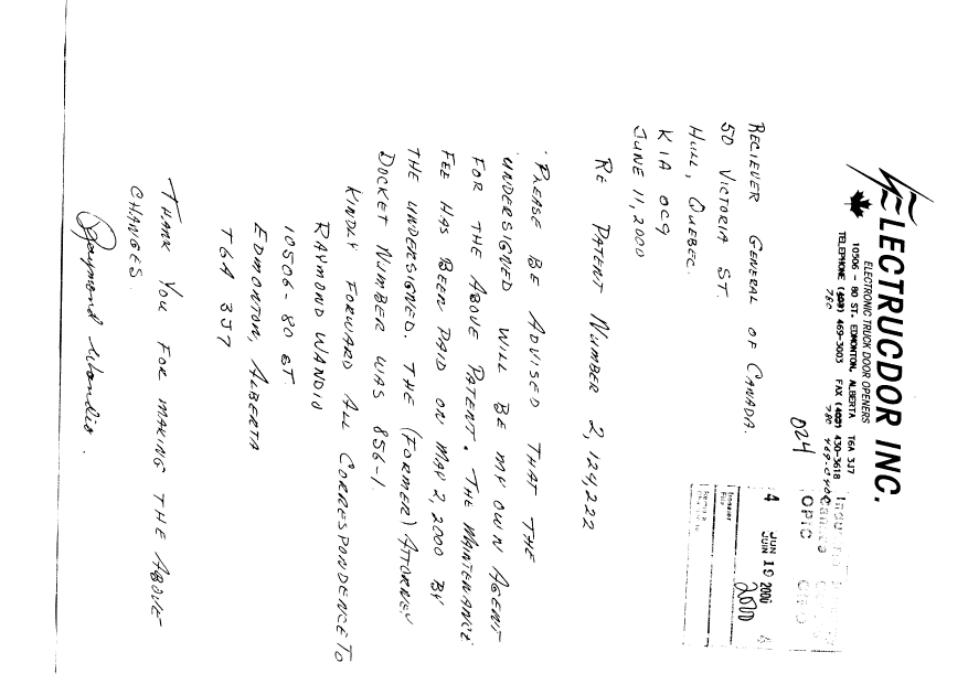 Document de brevet canadien 2124222. Correspondance 20000619. Image 1 de 1