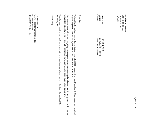 Document de brevet canadien 2124222. Correspondance 20000807. Image 1 de 1