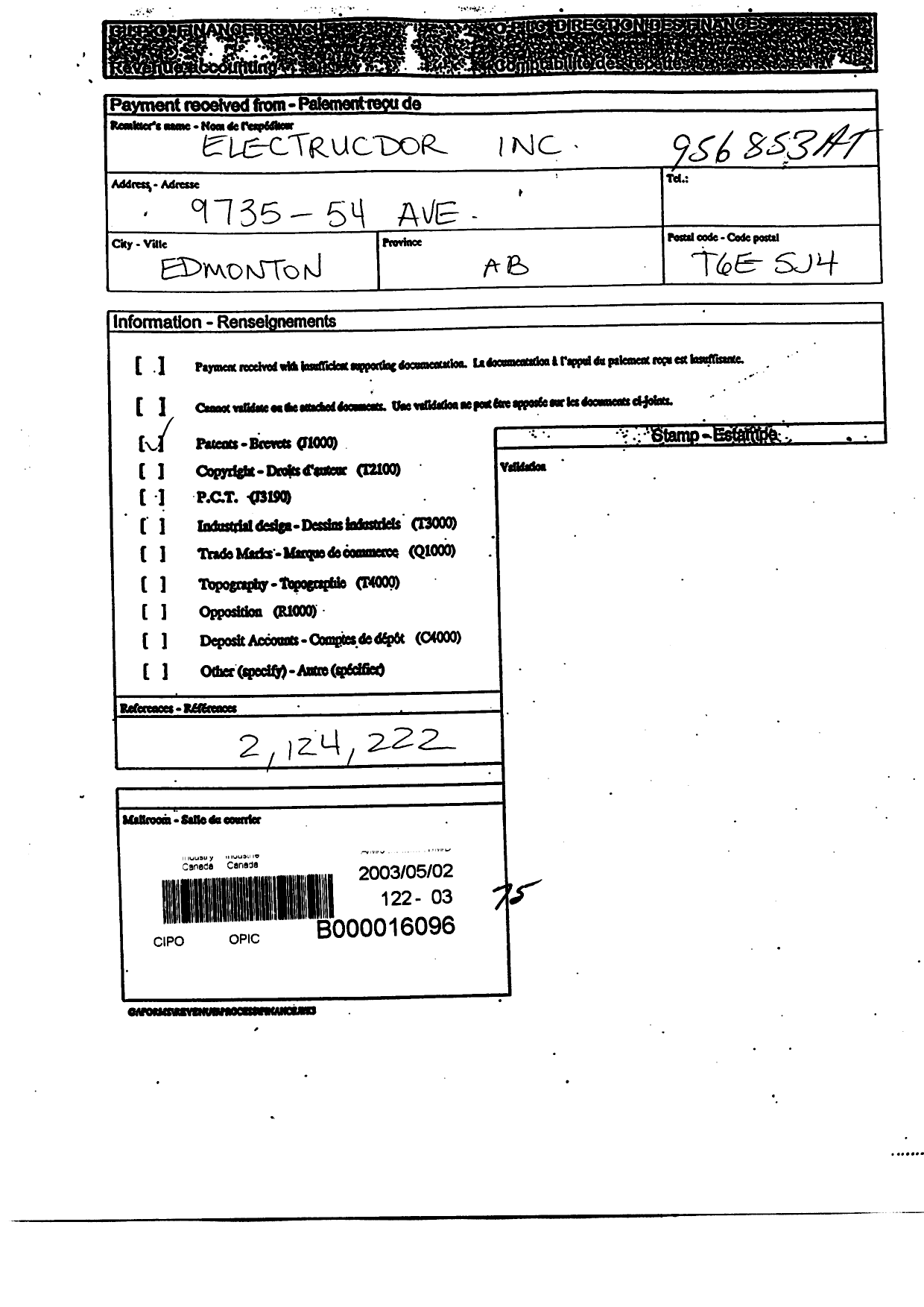 Document de brevet canadien 2124222. Taxes 20030502. Image 1 de 1