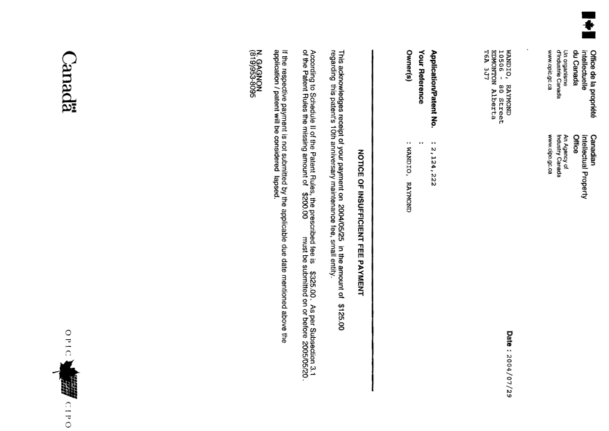 Document de brevet canadien 2124222. Correspondance 20040729. Image 1 de 1