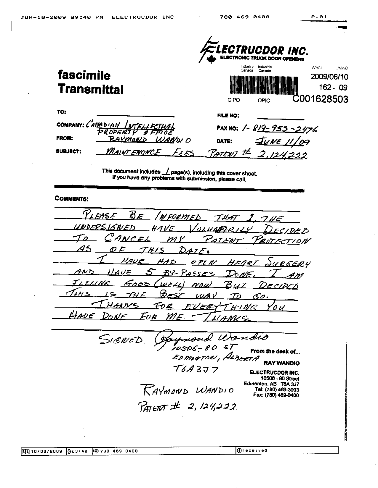 Document de brevet canadien 2124222. Correspondance 20090610. Image 1 de 1