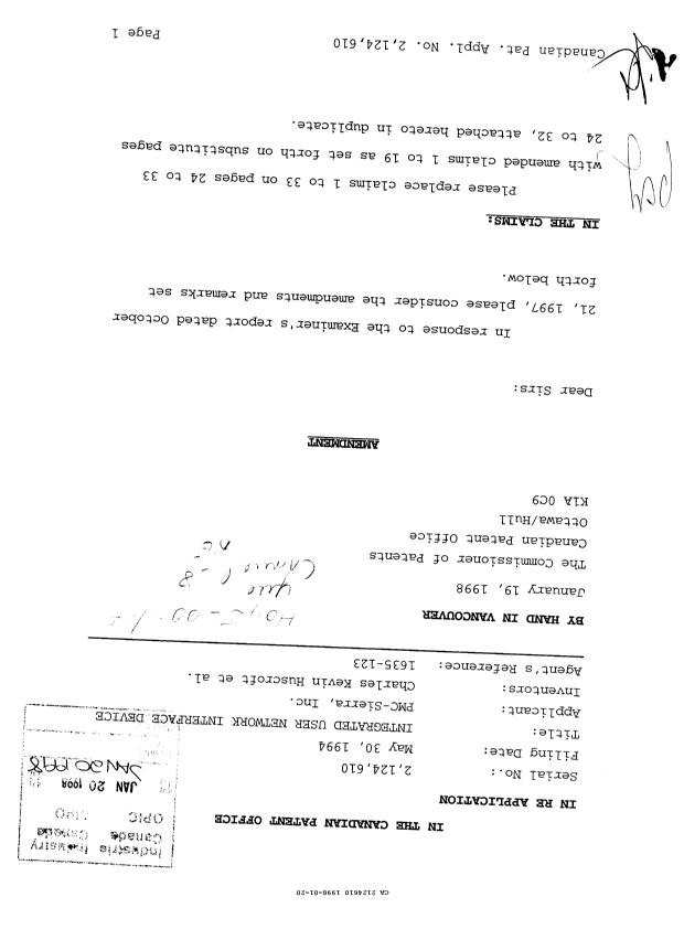 Canadian Patent Document 2124610. Prosecution Correspondence 19980120. Image 1 of 11
