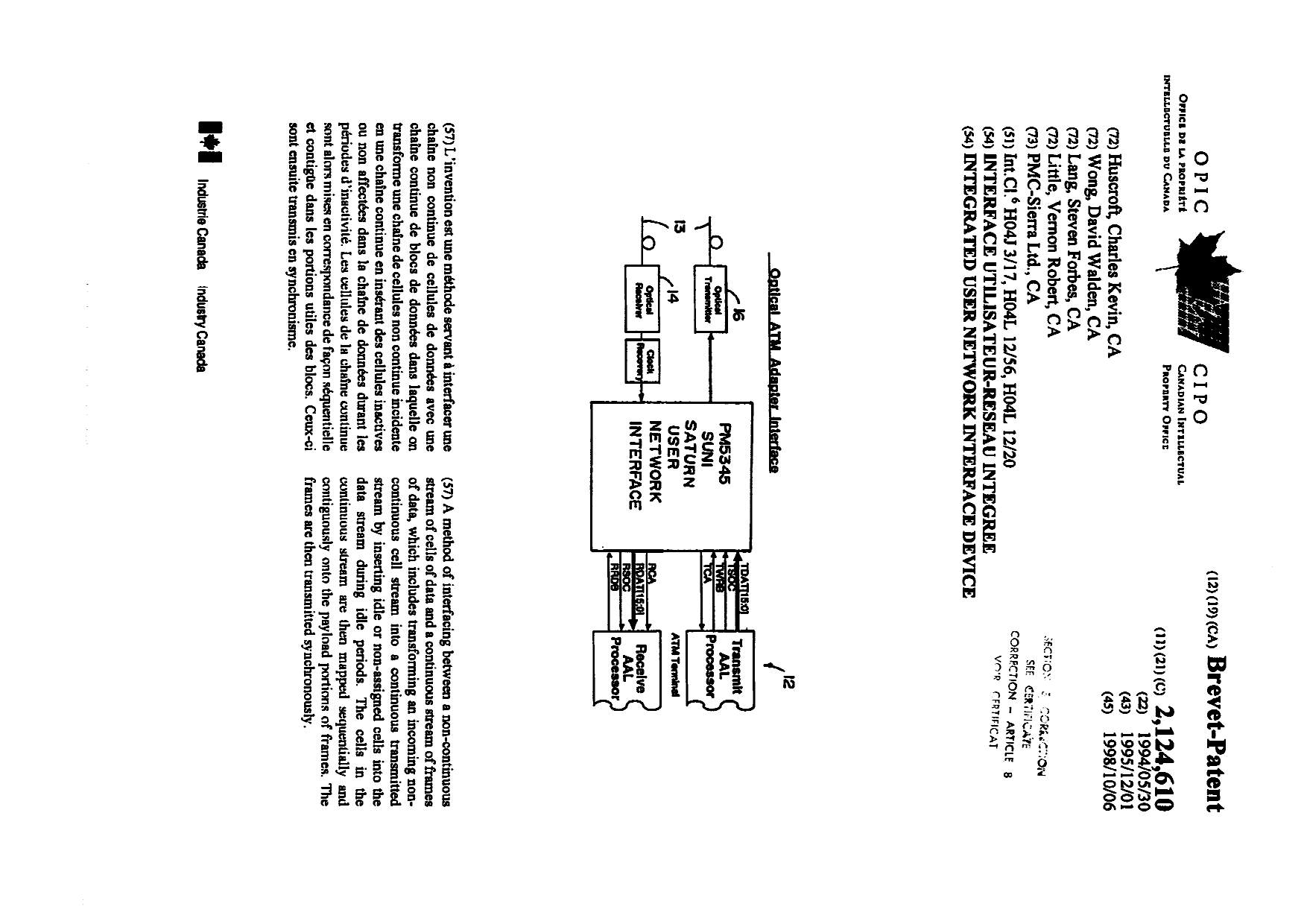 Canadian Patent Document 2124610. Cover Page 19990112. Image 1 of 2