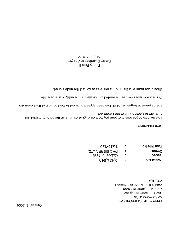 Canadian Patent Document 2124610. Correspondence 20061003. Image 1 of 1