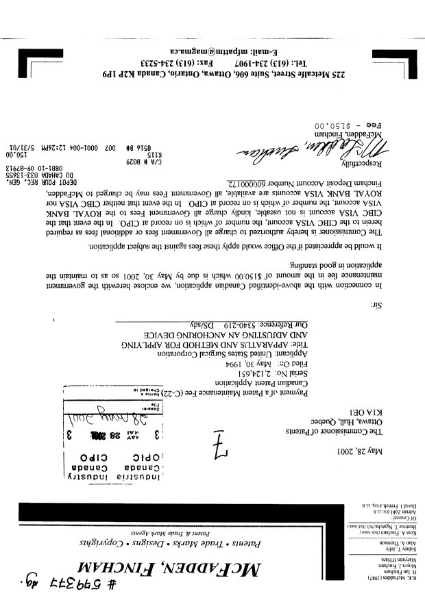 Canadian Patent Document 2124651. Fees 20010528. Image 1 of 1