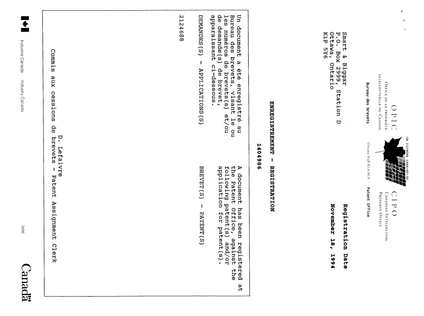 Document de brevet canadien 2124688. Correspondance de la poursuite 19940530. Image 1 de 14