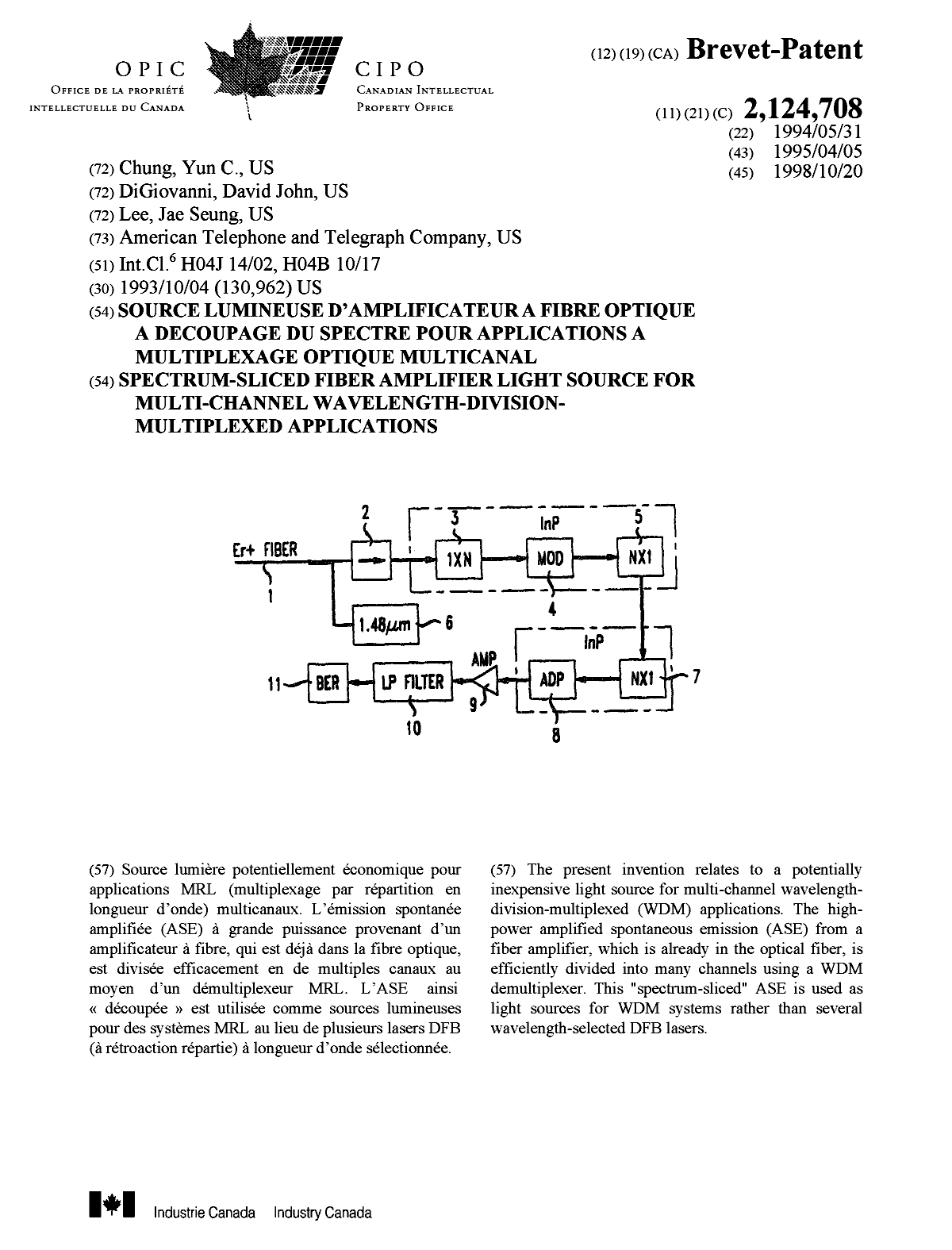 Document de brevet canadien 2124708. Page couverture 19981123. Image 1 de 1