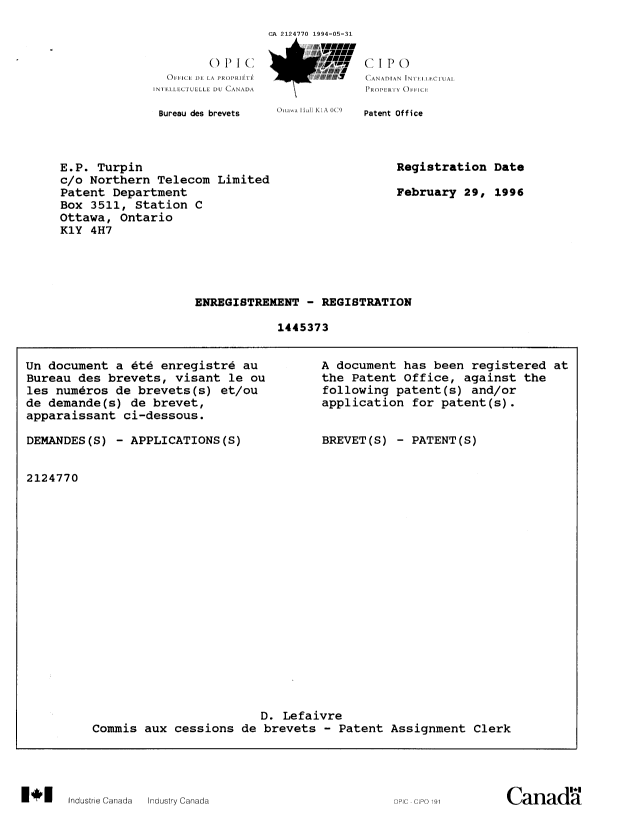 Document de brevet canadien 2124770. Correspondance de la poursuite 19940531. Image 1 de 3